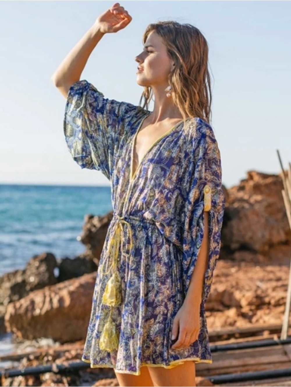 Miss June Paris NWT Blue Gold Metallic Boho Resort Kaftan Mini Dress Free Size